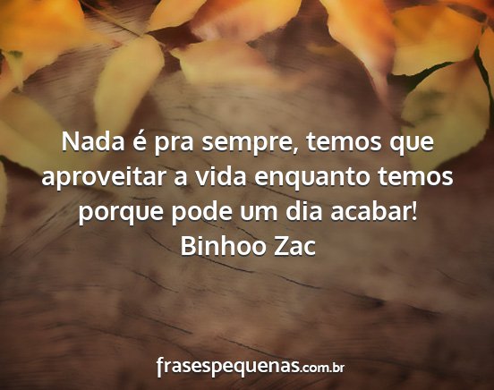 Binhoo Zac - Nada é pra sempre, temos que aproveitar a vida...